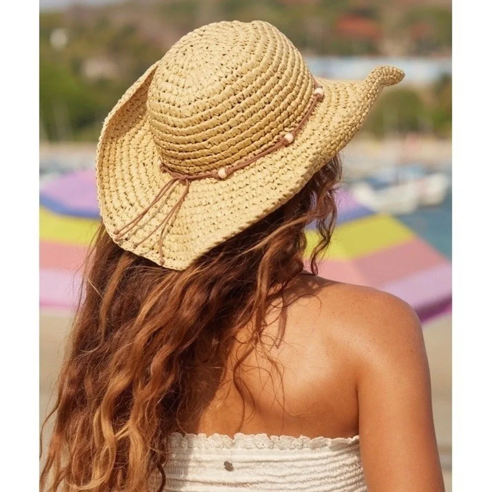 New Roxy Womens M/L Cherish Summer Natural Straw Sun Hat Beads Beach Boho